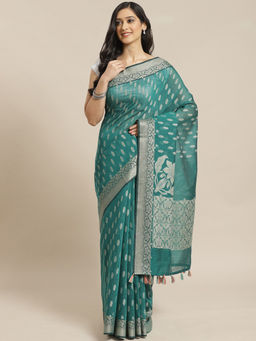 Indethnic - Banarasi Teal Woven Design Work Wear Saree With Unstitched Blouse