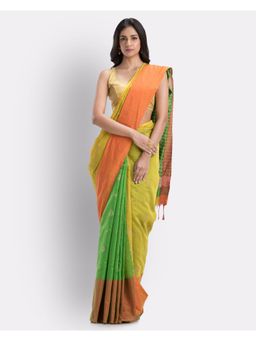 Angoshobha - Handwoven Printed Festive Cotton Blend Saree -Yellow Green with Unstitched
