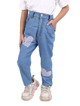 Budding Bees - Stylish Girl Blue Denim Jeans with Heart Fabric Patch