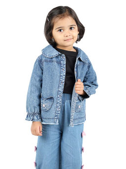 Budding Bees - Blue Denim Girls Jacket with Pocket Embroidery