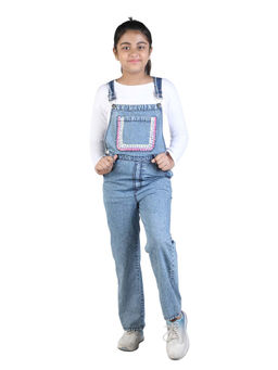 Budding Bees - Girls Blue Denim Dungaree Jumpsuit with Flower Sequins