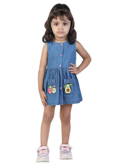Budding Bees - Denim Blue Mini Dress for Girls with Fruit Embroidered Pockets