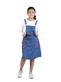 Budding Bees - Blue Denim Girls Dungaree Dress with Floral Sequins Buttons