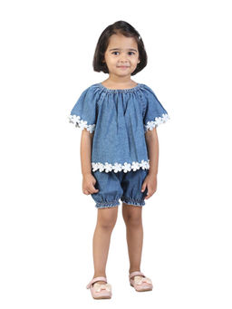 Budding Bees - Blue Girls Denim Floral Details Top with Shorts (Set of 2)
