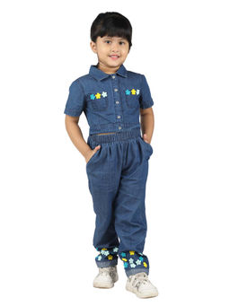 Budding Bees - Navy Denim Girls Shirt with Flower Felt Sequins Accents Pant (Set of 2)