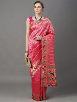 Akhilam - Womens Silk Blend Pink Woven Design Saree with Unstitched Blouse