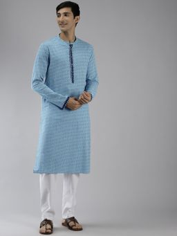 See Designs - Men Blue & White Printed Straight Kurta