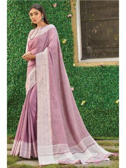 Sangam Prints - Purple Linen Woven Zari Work Traditional Tassel Saree with Unstitched Blouse