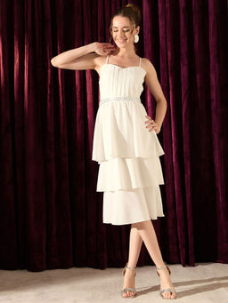 KASSUALLY - White Sequence Belt Tiered Midi Dress