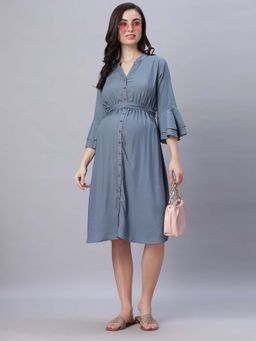 Mamma's Maternity - Grey Solid Rayon Maternity/Feeding Dress with Belt (Set of 2)