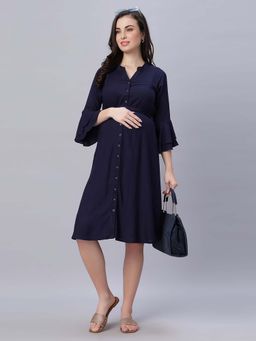 Mamma's Maternity - Navy Blue Solid Rayon Maternity/Feeding Dress with Belt (Set of 2)