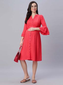 Mamma's Maternity - Peach Solid Rayon Maternity/Feeding Dress with Belt (Set of 2)