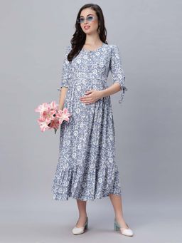 Mamma's Maternity - Arctic Blue Abstract Rayon Maternity/Feeding Dress