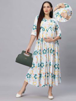 Mamma's Maternity - Baby Blue Floral Rayon Maternity/Feeding Long Dress
