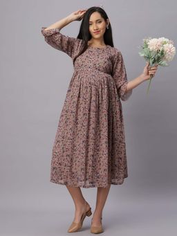 Mamma's Maternity - Mauve Floral Chiffon Maternity/Feeding Dress with Belt (Set of 2)
