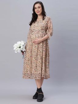 Mamma's Maternity - Beige Floral Chiffon Maternity/Feeding Dress with Belt (Set of 2)