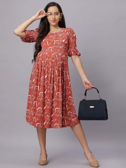 Mamma's Maternity - Orange Printed Rayon Maternity/Feeding Dress