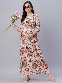 Mamma's Maternity - Peach Floral Chiffon Maternity/Feeding Long Dress