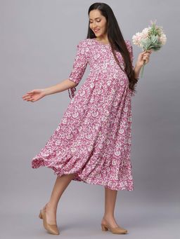 Mamma's Maternity - Purple Abstract Rayon Maternity/Feeding Dress