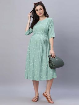 Mamma's Maternity - Turquoise Geometric Rayon Maternity/Feeding Dress with Belt (Set of 2)