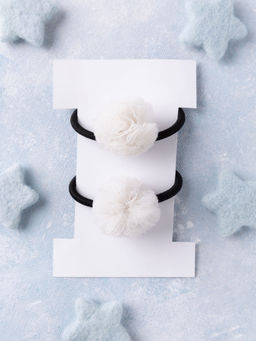 Knotty Ribbons - Girls Pom Pom Hair Tie Set - White