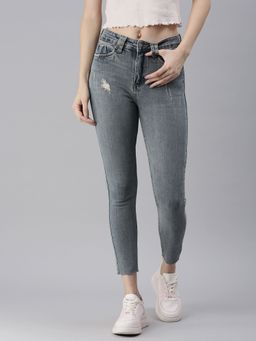 SHOWOFF - Womens Low Distress Blue Slim Fit Jeans