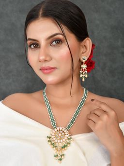 DASTOOR - Womens Gold Plated Green Designer Necklace Set