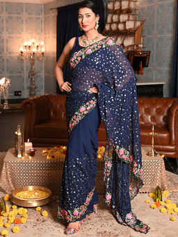 Odette - Women's Navy Blue Georgette Saree with Unstitched Blouse