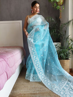 Odette - Women's Blue Organza Saree with Unstitched Blouse