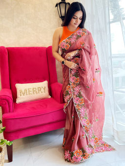 Odette - Women's Peach Silk Saree with Unstitched Blouse