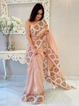 Odette - Women's Peach Organza Saree with Unstitched Blouse