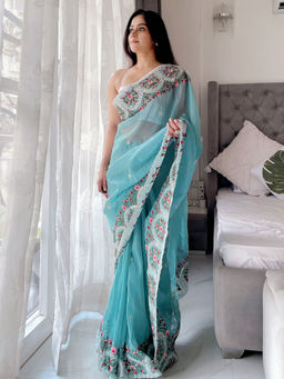Odette - Women's Blue Organza Silk Saree with Unstitched Blouse
