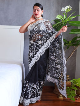 Odette - Women's Black Organza Saree with Unstitched Blouse