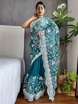 Odette - Women's Teal Organza Saree with Unstitched Blouse
