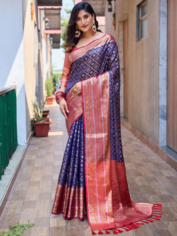 Odette - Women's Navy Blue Organza Saree with Unstitched Blouse
