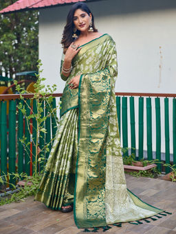 Odette - Women's Olive Silk Saree with Unstitched Blouse