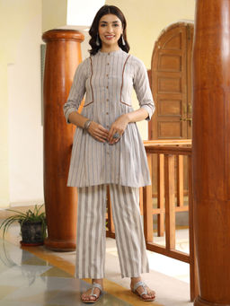 Jaipur Kurti - Grey Yarn Dyed Stripes Poly Cotton Has Kurta and Palazzo (Set of 2)