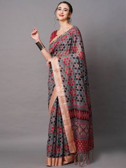 Odette - Grey Festive Linen Blend Printed Saree with Unstitched Blouse