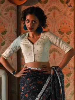 Suta - White Artificial Silk Stitched Blouse