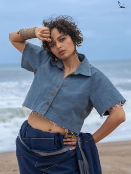 Suta - Blue Denim with Printed Cotton Lining Stitched Blouse