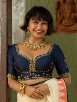 Suta - Navy Blue Cotton Silk Stitched Blouse