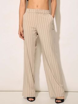 ONLY - Women Striped Straight Fit Mid-Rise Beige Pant