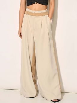 ONLY - Women Solid Loose Fit High-Rise Beige Pant