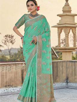 Odette - Green Colour Cotton Saree Pair with Cotton with Unstitched Blouse