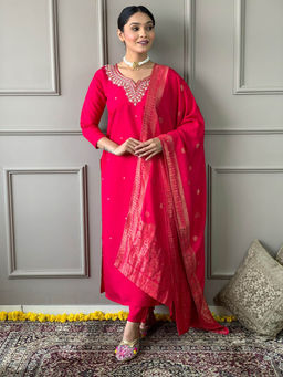 Odette - Red Embroidered Viscose Stitched Kurta with Trouser & Dupatta (Set of 3)