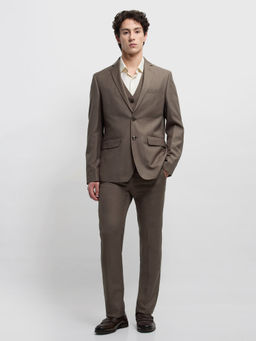 Arrow - Brown Self Design Tailored Fit Waist Coat with Blazer and Trouser