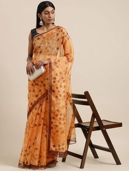 Akhilam - Womens Georgette Orange Printed Celebrity Saree with Unstitched Blouse