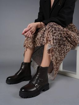Drop Bold - Brown Double Monk Straps Combat Boots for Women