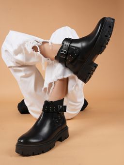 Drop Bold - Black Studded Chunky Chelsea Boots for Women