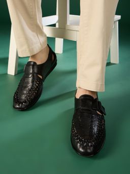 ATESBER - Men Black Formal Solid Round Toe Sandals